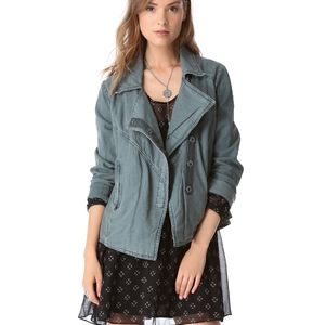 FREE PEOPLE Jacket Moto Linen Bohemian Long Sleeves Slate Green X-Small